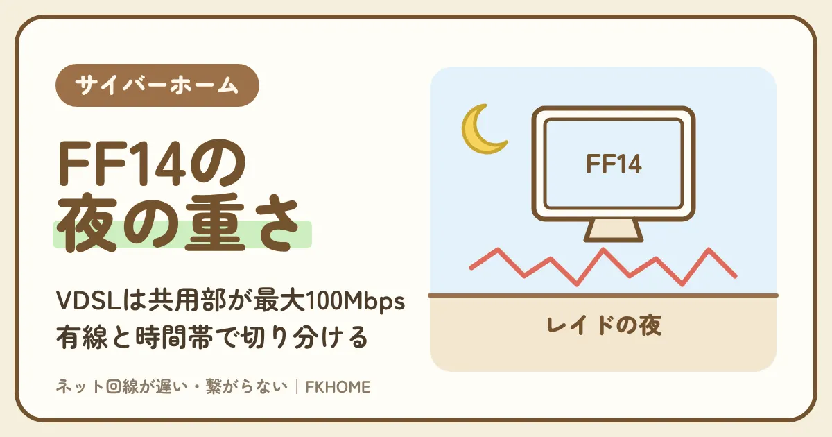 サイバーホーム(ファミリーネット・ジャパン)でFF14がつながらない・できない?切断とレイドの夜の重さを、部屋の方式(LAN・VDSL)と有線で切り分ける