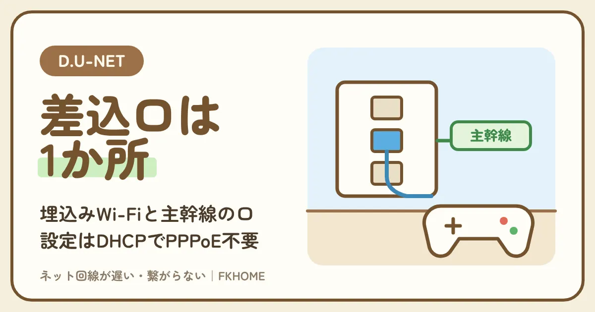 D.U-NET(ディーユーネット)を有線でつなぐには?LAN差込口の場所(埋込みWi-Fiは1か所・有線設備タイプは主幹線)、LANケーブルの選び方、設定はDHCPでPPPoE不要、有線でもつながらない・遅いとき