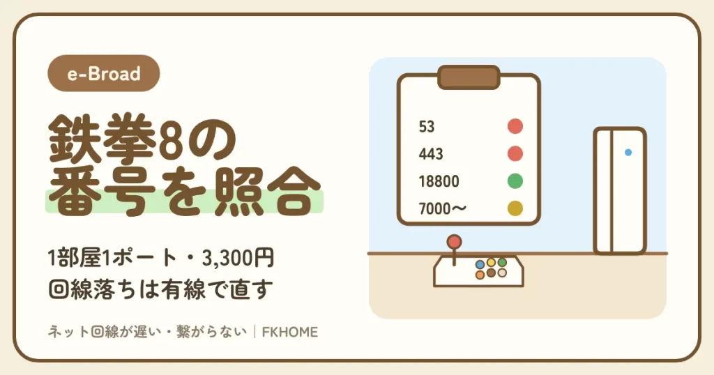 e-Broad（イーブロード）で鉄拳8がつながらない・対戦できない？1部屋1ポートの有料ポート開放で足りるかと、回線落ちの直し方