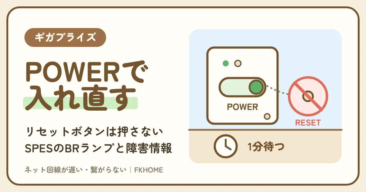 ギガプライズのネットがつながらない・不安定な時の直し方：POWERスイッチの再起動、押さないリセットボタン、SPESのBRランプ、障害とメンテナンス情報